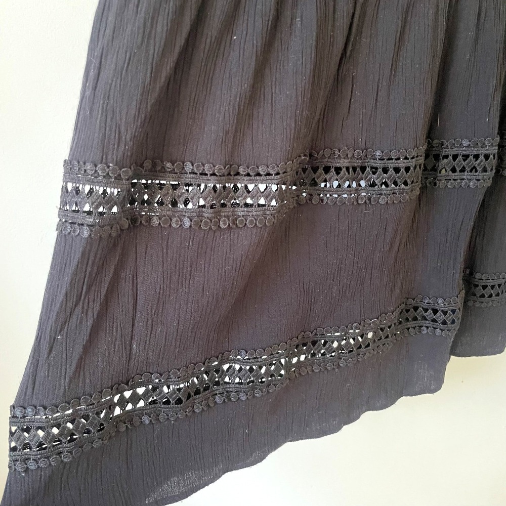 Black Gauze Tie Back Midi Dress Small Crochet Lace Trim Boho Cottage Witchy - Picture 4 of 9